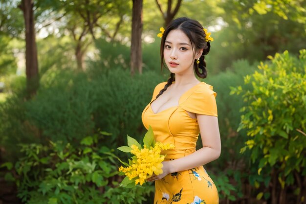 Photo elegant woman in a burmese traditional attire with padauk flower thingyan or songkran