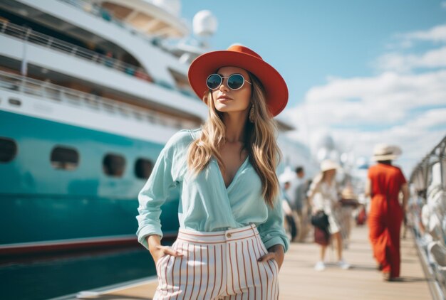 Foto donna elegante su una nave da crociera