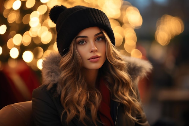 Elegant Woman Celebrating New Year by the Tree