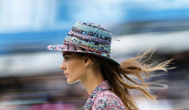 Photo elegant woman in colorful tweed outfit and hat with motion blur background