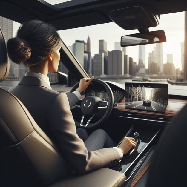 elegant woman drive modern electric car in a city view from rear seat car interior sun beams