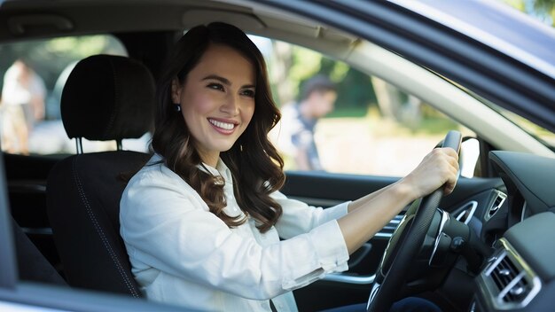 Elegant woman driver looking at backseat smiling happy