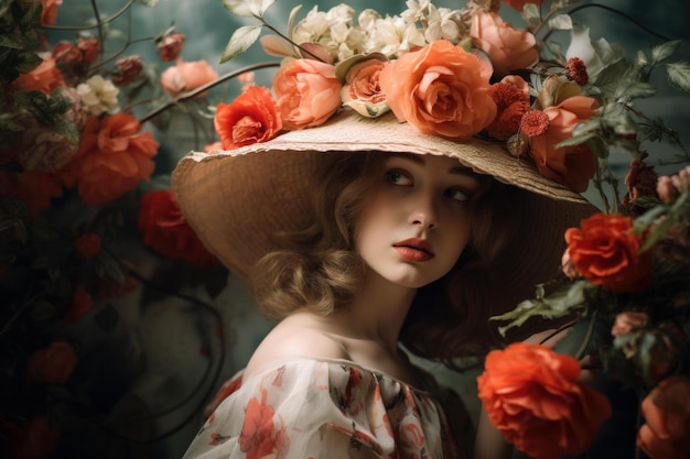 Photo elegant woman in floral hat among roses
