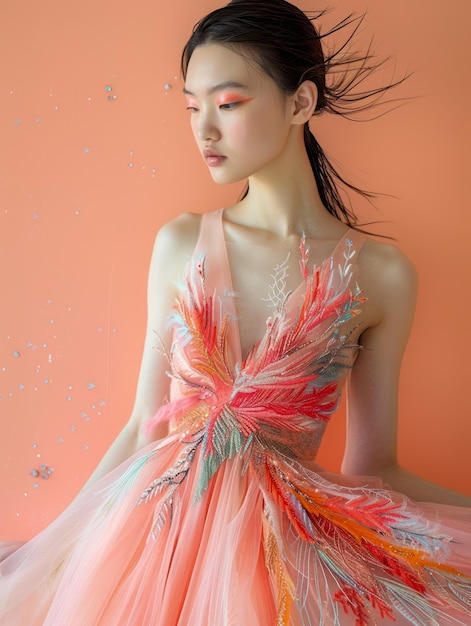 Elegant Woman in Flowing Orange Dress with Abstract Design and Wind Blown Hair against Peach