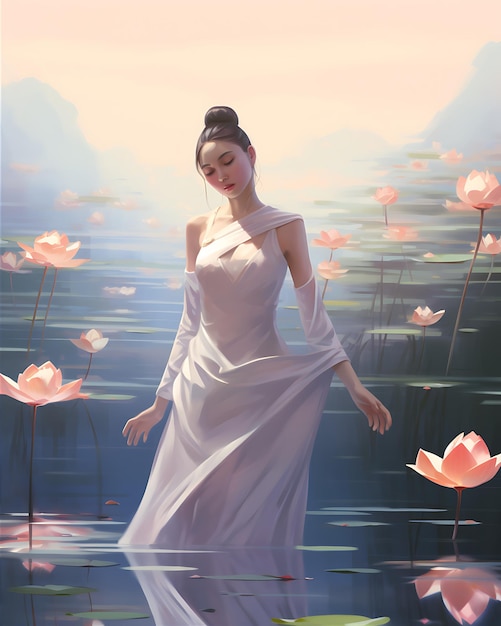 Elegant Woman in Gown Standing Among Lily Pads