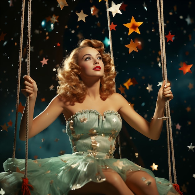 Elegant woman in green dress sitting on a swing and looking up at the stars