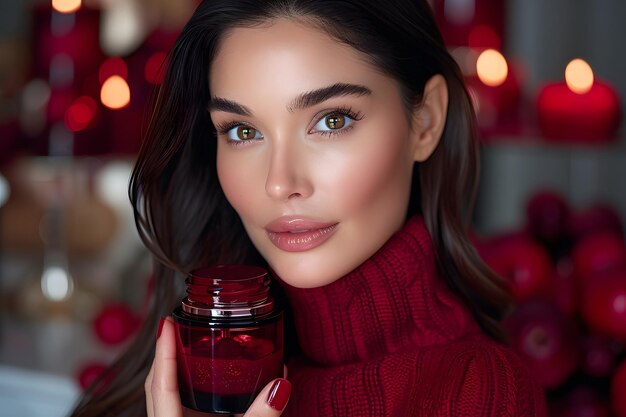 写真 エレガントな女性が赤い香水のボトルを抱いて 居心地の良いホリデー設定で クリスマスのプレゼントアイデアのための美容と化品コンセプト