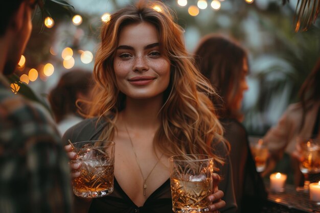 Элегантная женщина с двумя стаканами алкоголя.