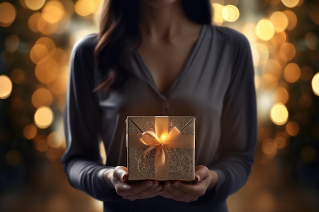 Элегантная женщина держит упакованный подарок поздравления золота сцена украшена прикосновением золота, добавляя роскошную и праздничную атмосферу к моменту