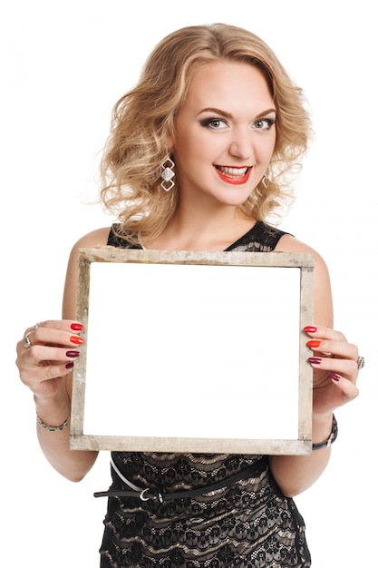 Elegant woman holds a board.