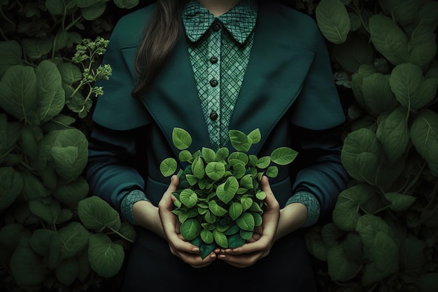 Foto la donna elegante tiene un vaso con fiori verdi riempie lo scatto generato dall'intelligenza artificiale