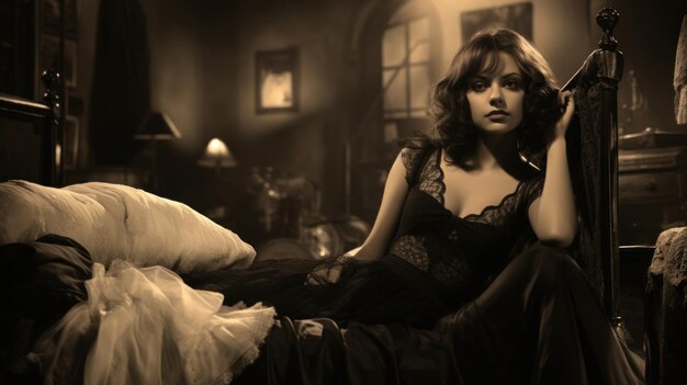 写真 ヴィンテージなランジェリーを着たエレガントな女性が豪華な寝室のベッドに思いやりをもって座っています