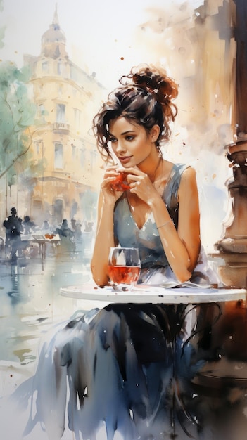 Photo an elegant woman is drinking red wine in a european outdoor cafe