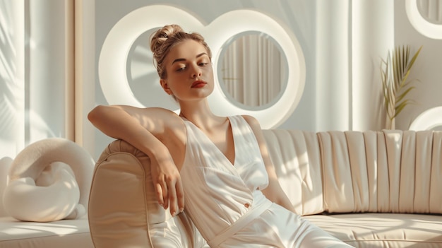 Photo elegant woman lounging in stylish interior