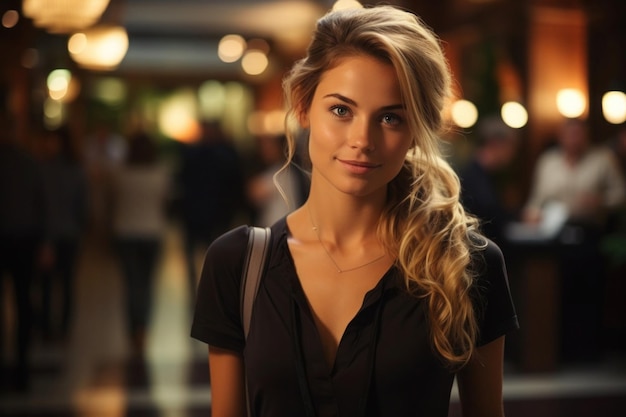 Elegant Woman in Luxurious Hotel Lobby at Evening