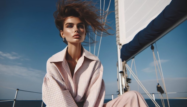 Фото Элегантная женщина на яхте, летний бриз и океанский стиль