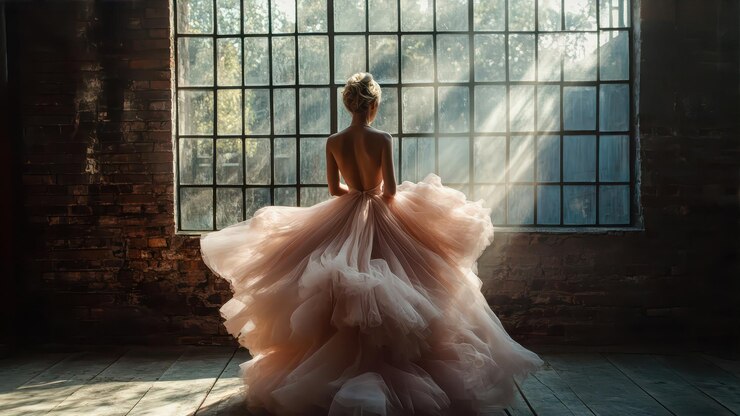 Elegant woman in oversized tulle gown stands gracefully in sunlit industrial room