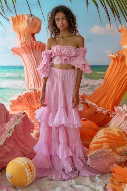 Элегантная женщина в пастельно-розовом платье, стоящая на тропическом пляже с ракушками