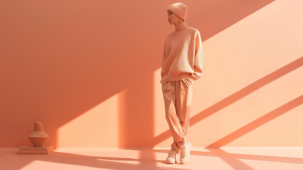 Photo elegant woman in a peach outfit standing in a minimalist peachcolored space with sculptural decor