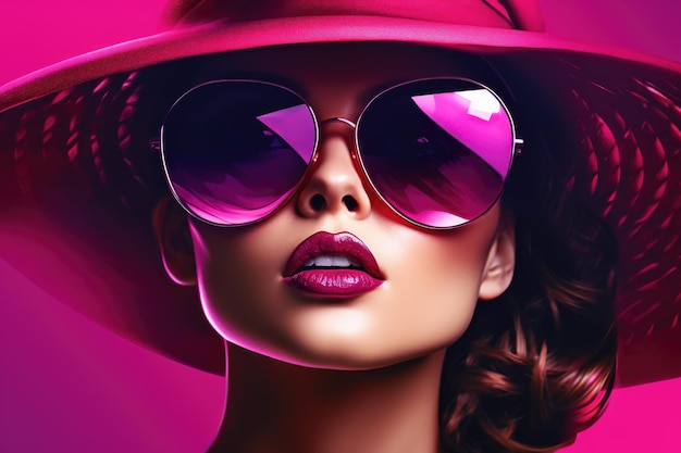 Elegant woman in pink wide brimmed hat with purple lips makeup Retro fashion