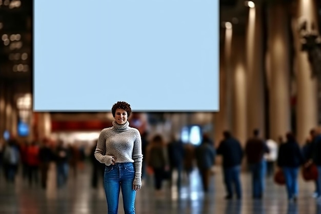 Elegant woman posing in front of a large blank white mockup generative ai