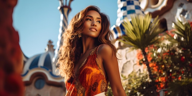 Elegant woman posing in sunlit courtyard warm summer vibes graceful presence amidst architectural beauty AI