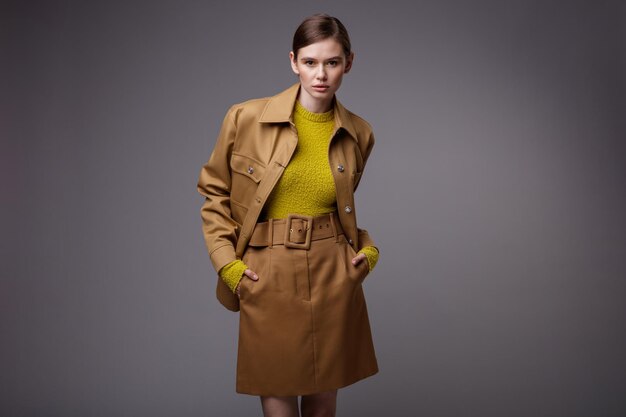 Elegant woman in a pretty brown beige sand jacket skirt yellow mustard sweater on gray background