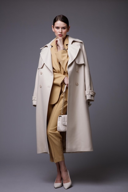 Elegant woman in pretty white coat beige sand suit jacket pants trousers handbag on gray background
