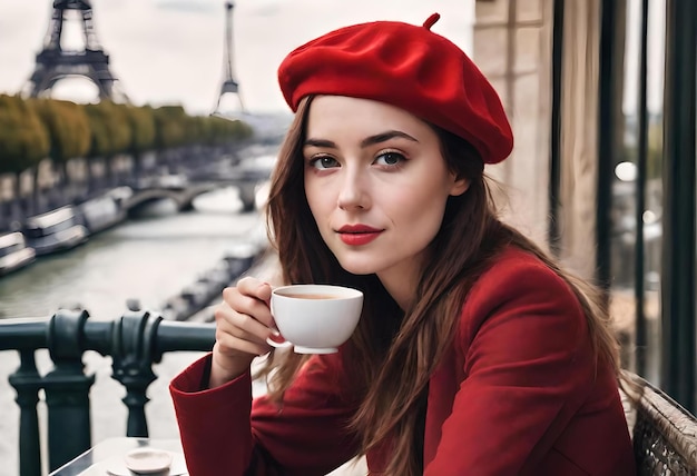 Elegant woman in red beret enjoying coffee with eiffel tower in background AI
