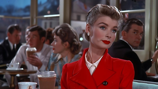 Elegant woman in red suit sitting in a cafe and looking away thoughtfully