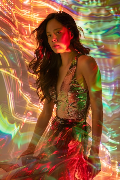 Elegant Woman in Sequin Dress with Colorful Light Reflections and Abstract Pattern Background