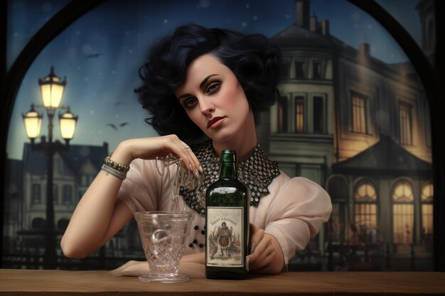 혼자 앉아 와인을 즐기는 우아한 여성