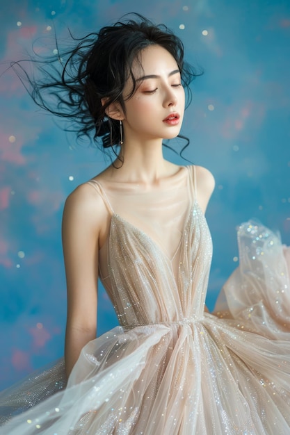 Elegant Woman in Sparkling Evening Gown Posing with Graceful Movements Ethereal Beauty Portrait