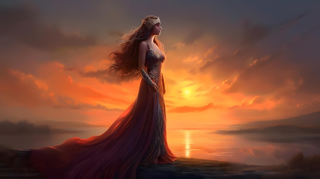 Elegant woman standing on a rocky terrain in a detailed matte painting with dramatic fantasy art style