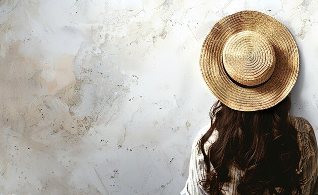 An elegant woman in a straw hat contemplates an art wall capturing a moment of solitude and reflection