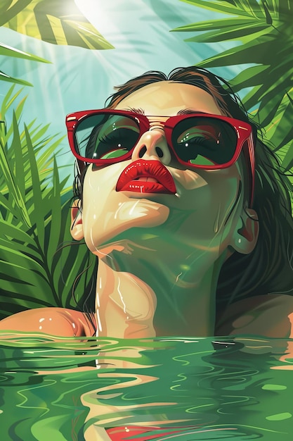 太陽眼鏡をかぶった水に沈んだエレガントな女性 豪華な夏のファッションコンセプト