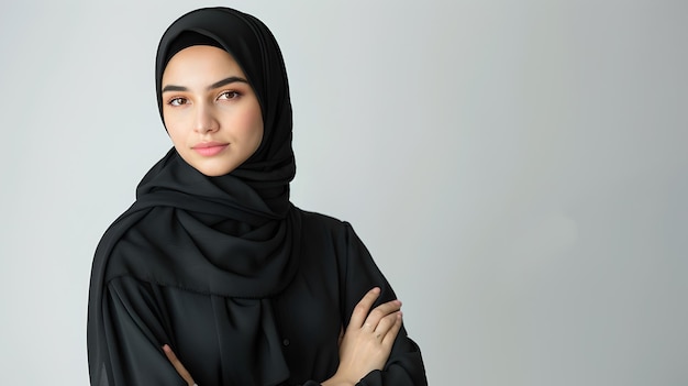 Elegant woman in traditional black hijab posing Portraiture of grace and confidence Cultural attire represented beautifully Perfect for diverse campaigns AI