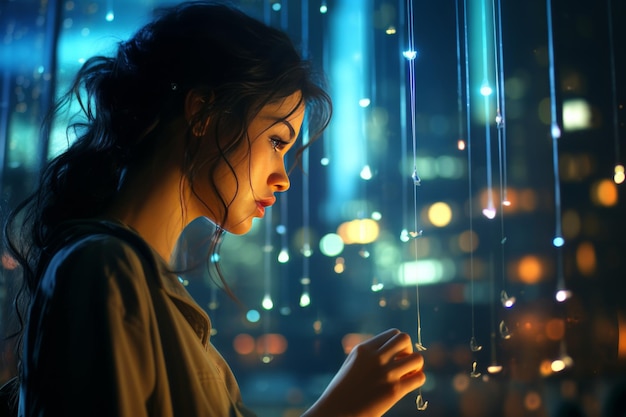Элегантная женщина в городском окне Ночной городской пейзаж Отражение очаровательная атмосфера