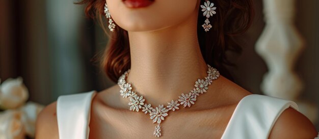 Elegant Woman in White Dress With Necklace and Earrings