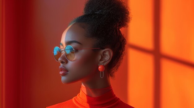 Elegant Woman with Bun and Jewelry on Salmon Background Generative AI