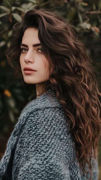 Photo elegant woman with curly hair in natural setting