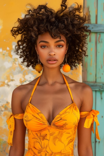 Elegant Woman with Curly Hair Posing in Vibrant Yellow Summer Dress Against Weathered Wall