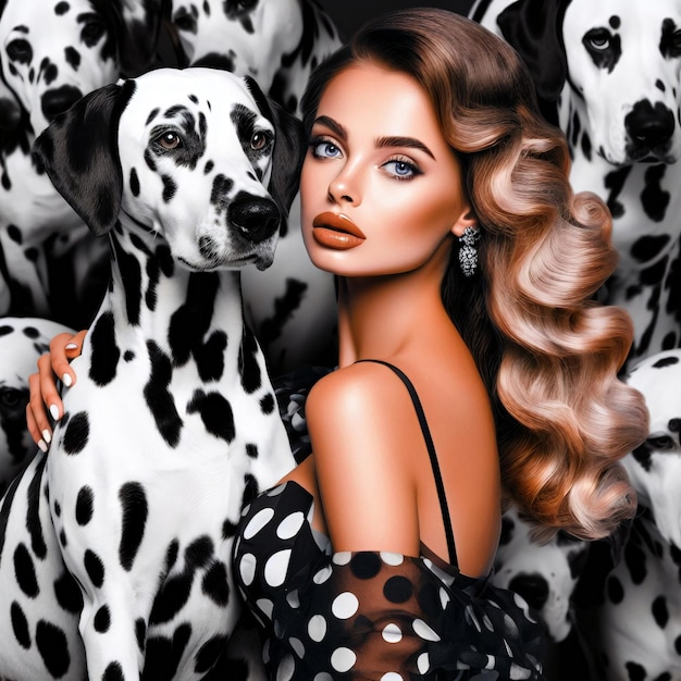 Elegant Woman with Dalmatians Creative Portrait AI Generated