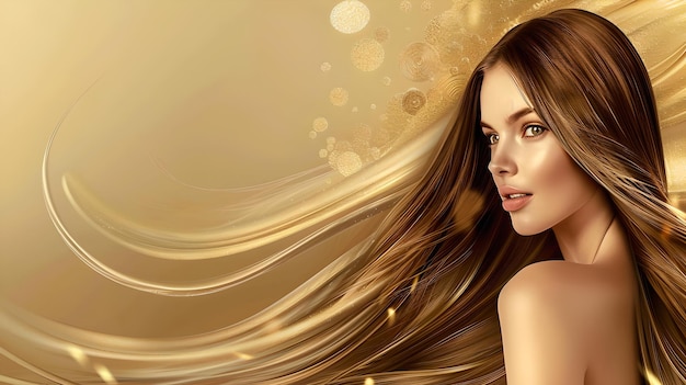 Элегантная женщина с текущими волосами в абстрактном золотом дизайне идеально подходит для концепций красоты художественного и стильного представления ИИ