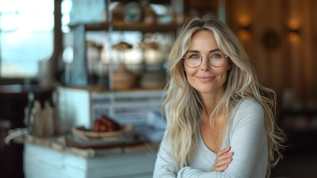 Elegant Woman with Glasses Smiling Gently in a Cozy Cafe Environment