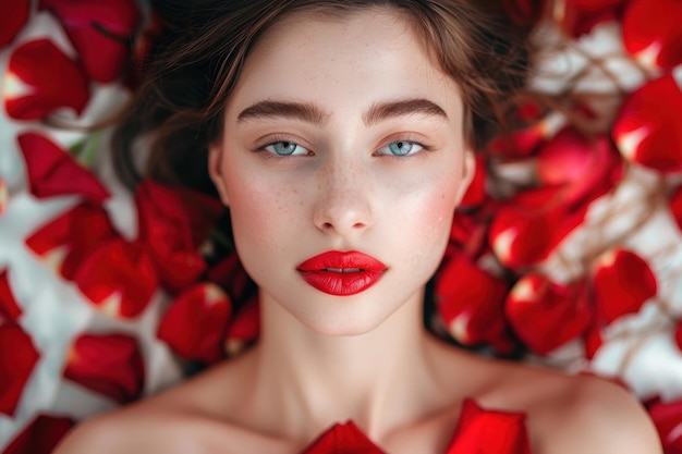 Elegant woman with Red Rose Petals