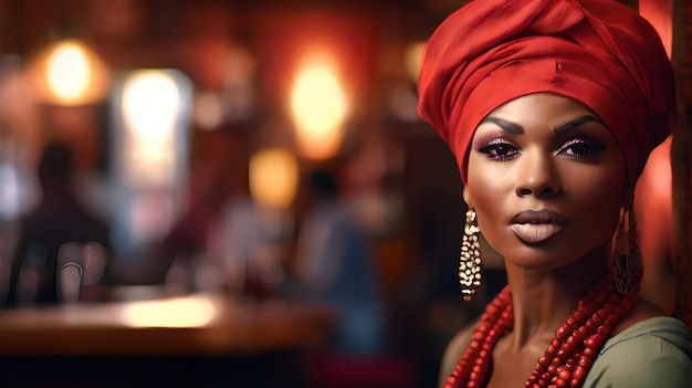 Elegant woman with red turban and ethnic earrings posing in a bohemian bar setting AI