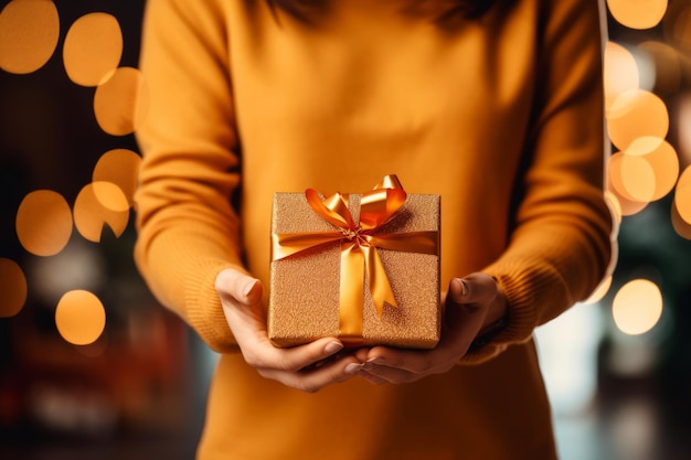 Elegant Woman with a Stylish Bun Holding a Beautifully Wrapped Christmas Gift in a Festive Gold