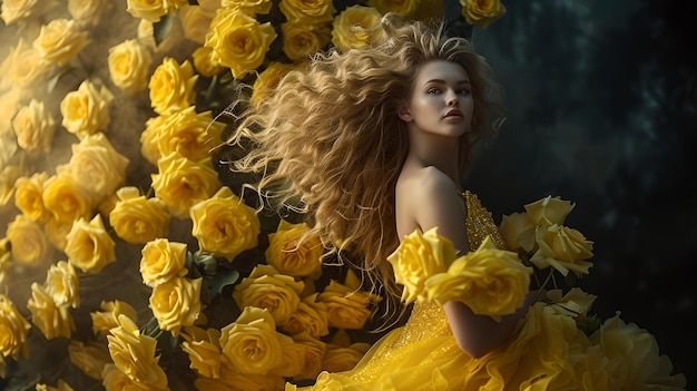 Elegant woman in yellow dress surrounded by roses fashion photography with a floral theme mystic atmosphere dreamy portrait AI