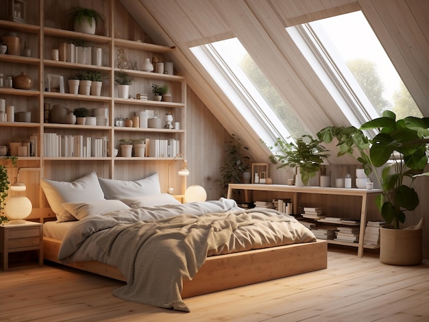 Элегантный деревянный интерьер спальни, полная мебель, созданная ИИ
